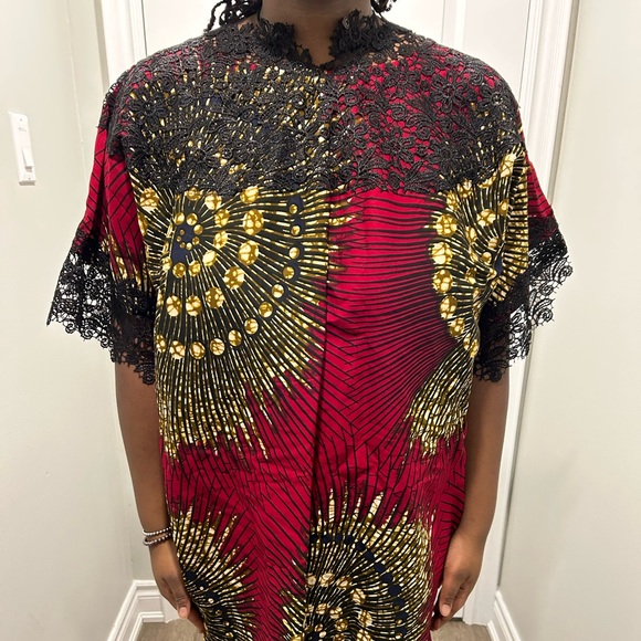 Red and Black Lace Ankara Dress - Picture 6 of 13